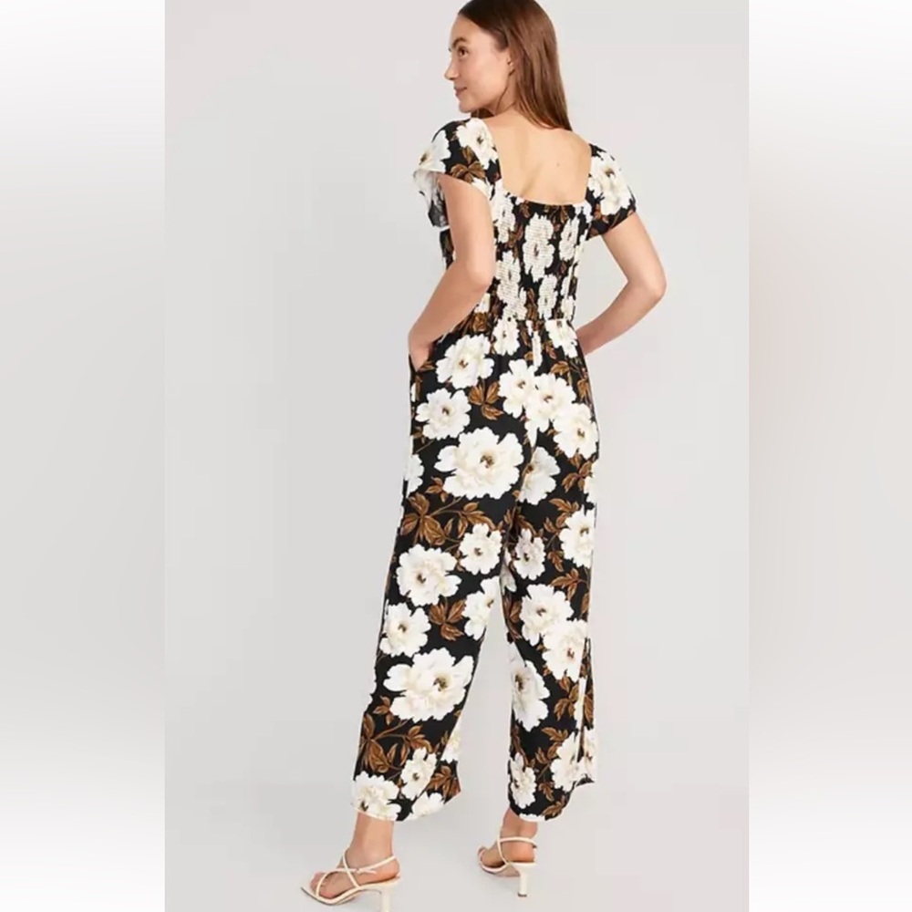 Old Navy Floral Flutter Sleeve Black Brown Floral Romper Jumpsuit Size L - Picture 2 of 9